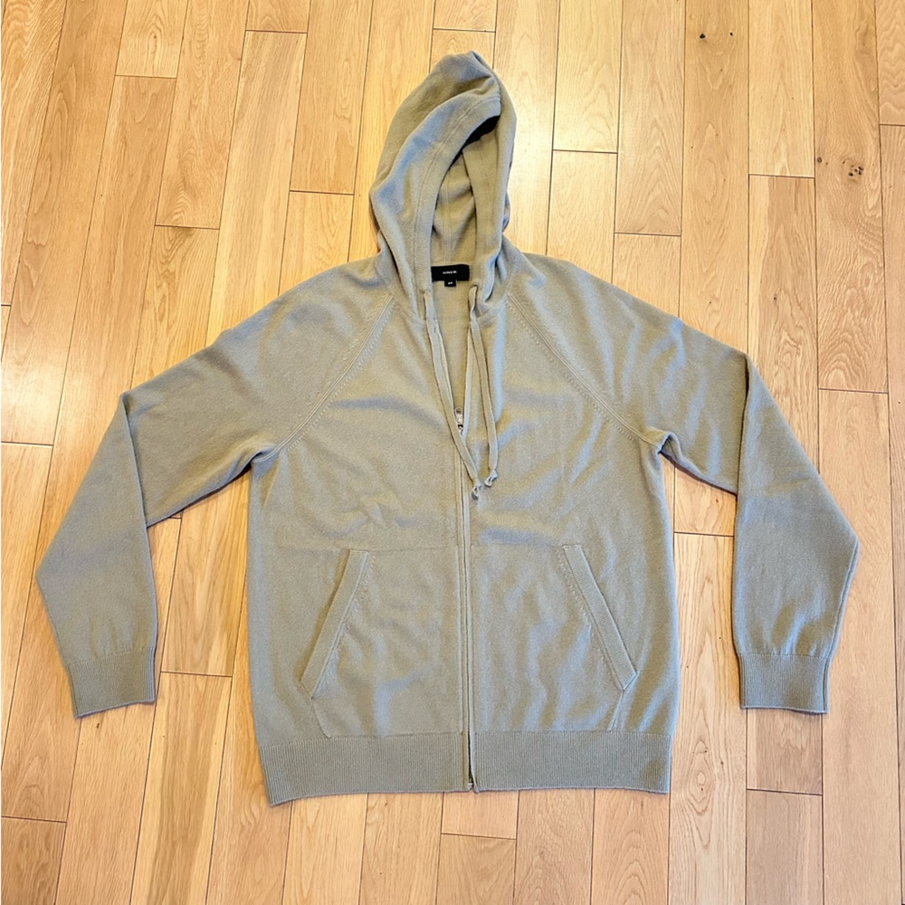 Vince Wool Cashmere Zipper Hoodie Men's Tan Zip-Up Hooded Sweater Size Medium